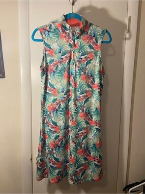 Sleeveless Coral & Teal Tropical Midi Dress with Zip Front